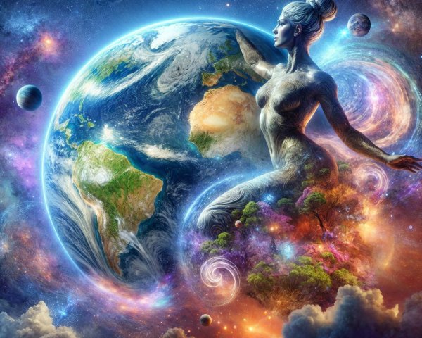 Celestial Figure Cradling Earth in Cosmic Landscape