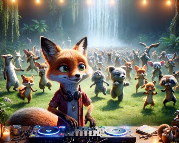 Fox DJ in a Lush Forest with Dancing Animals