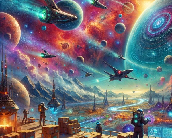 Vibrant Cosmic Landscape with Planets and Spacecraft