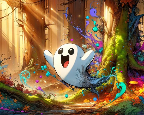 Cheerful Ghost in a Vibrant Enchanted Forest Scene