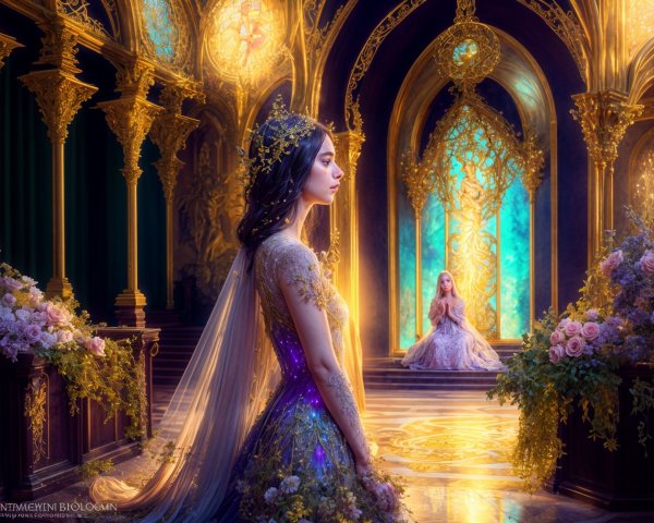 Ornate hall with graceful figures and vibrant decor