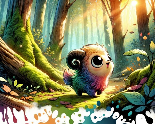 Colorful Fluffy Creature in Sunlit Forest Setting