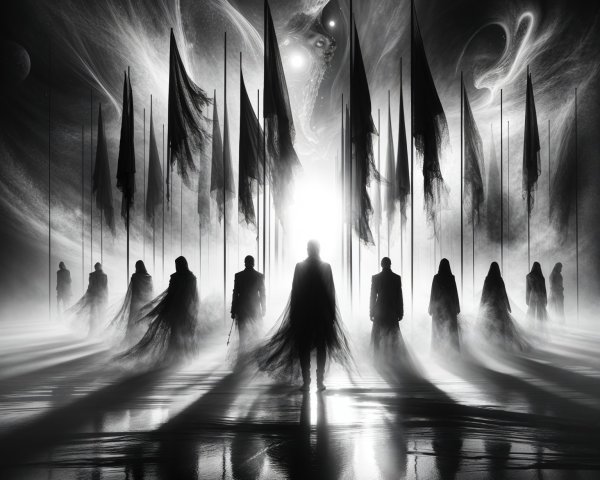 Surreal Monochromatic Landscape with Shadowy Figures