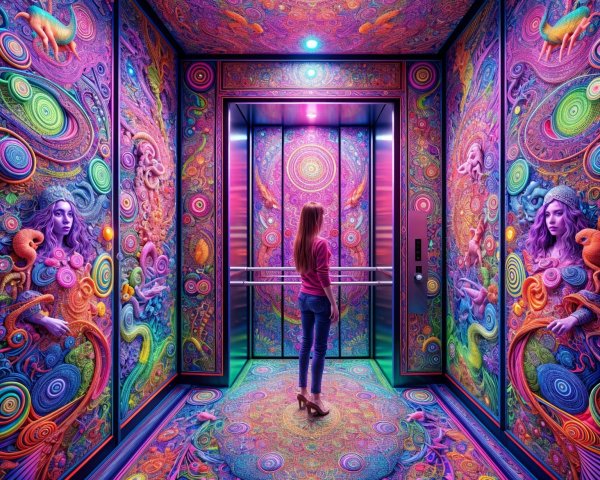 Vibrant Psychedelic Elevator Interior with Intricate Designs