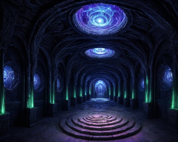 Mystical Corridor with Glowing Motifs and Stone Walls