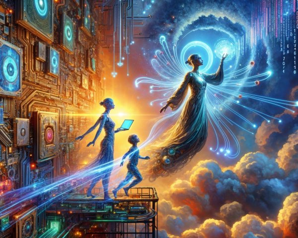 Futuristic Angelic Figure in a Digital Landscape
