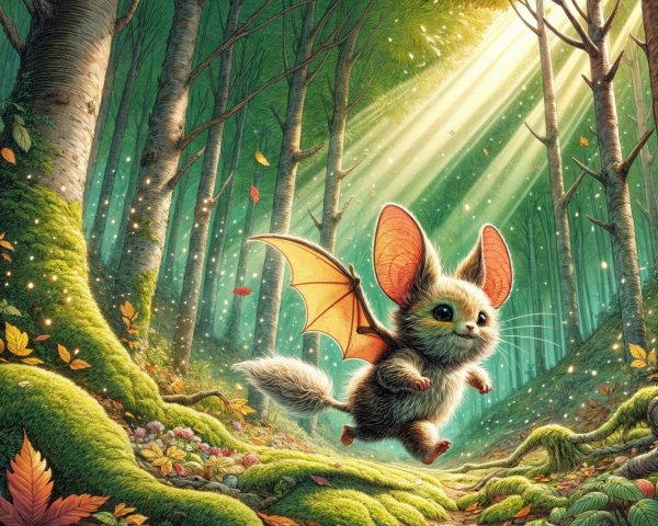 Whimsical Creature in a Sunlit Forest Setting