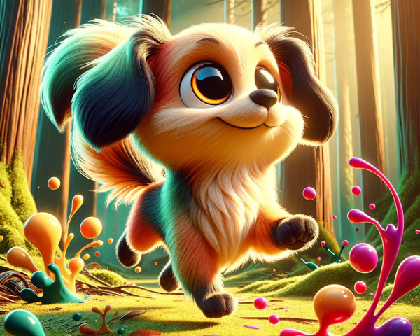 Cheerful Animated Puppy in a Vibrant Forest Scene