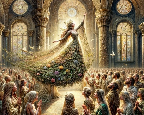 Majestic Figure in Ornate Hall with Captivated Audience