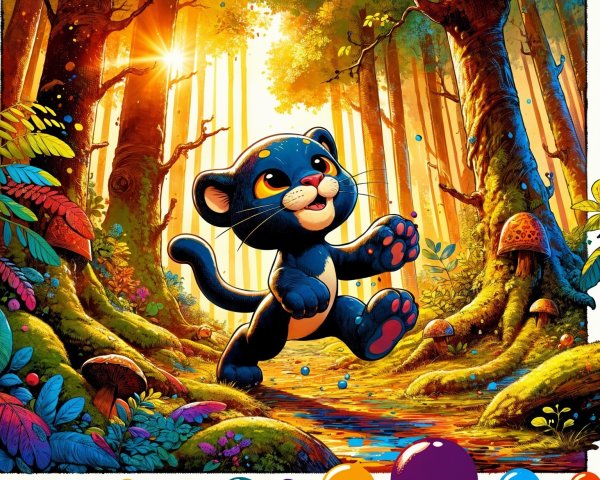 Black kitten in a vibrant forest with colorful foliage