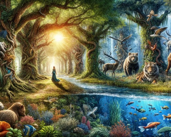 Fantastical forest scene with diverse wildlife and river