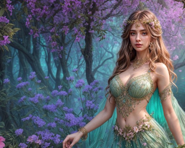 Graceful figure in lush forest with vibrant flowers