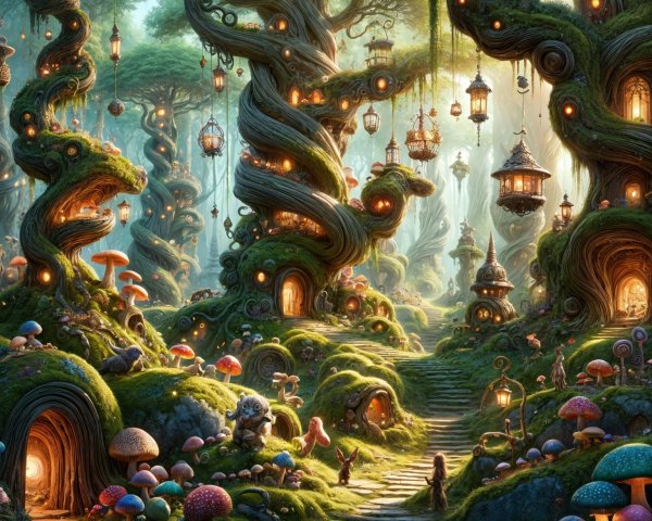 Whimsical Forest Scene with Glowing Lanterns and Homes