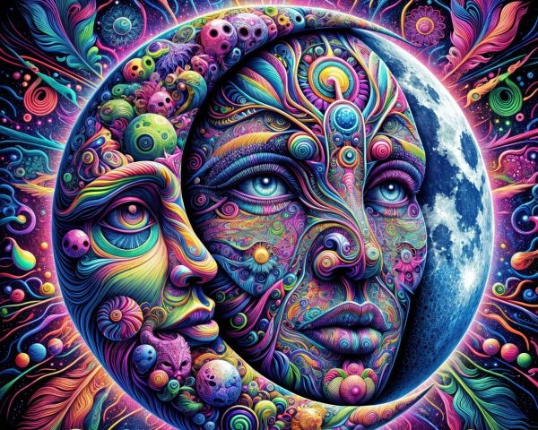 Vibrant Cosmic Artwork with Crescent Moon and Patterns