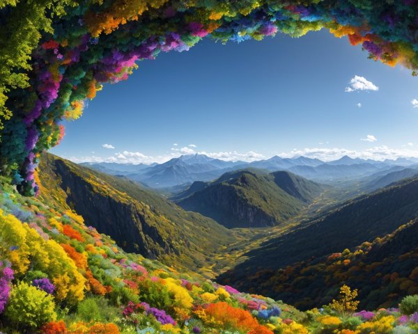 Vibrant Floral Arch Overlooking a Mountain Valley
