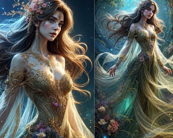 Mystical figure in enchanted forest with floral gown