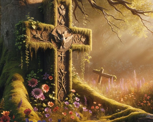 Moss-Covered Stone Cross in a Sunlit Forest