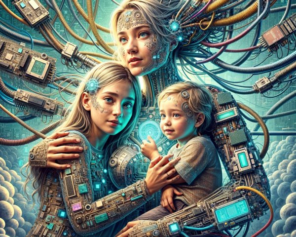Surreal Scene of Family Merging with Cybernetic Elements