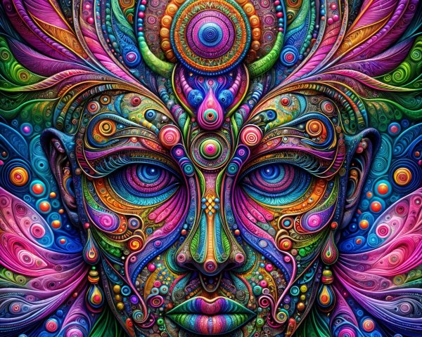 Vibrant Design Featuring Stylized Face and Patterns