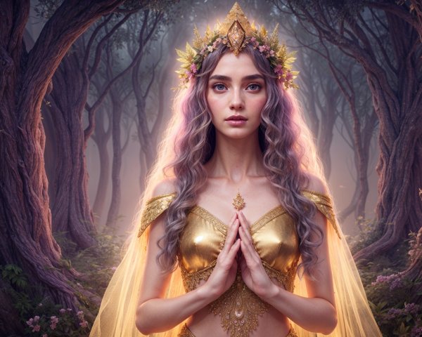 Mystical Figure in Enchanted Forest with Golden Gown