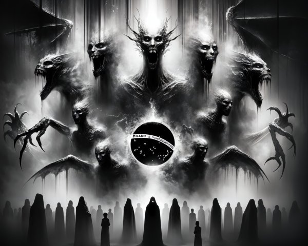 Grotesque Dragon-Like Figures in Dark Ominous Scene