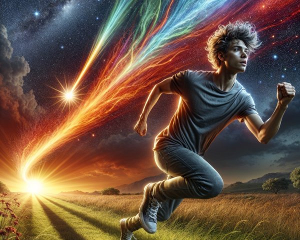 Young person sprinting through a vibrant landscape scene