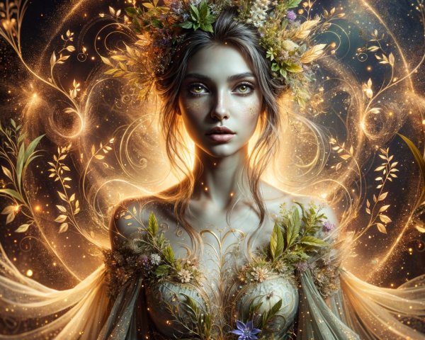 Mystical figure in floral crown with glowing backdrop