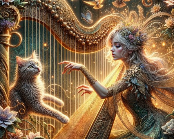 Whimsical Scene of a Woman Playing a Golden Harp