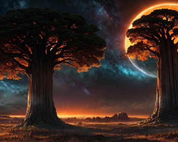 Majestic Trees in a Cosmic Landscape at Night