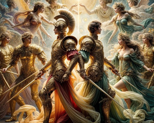 Mythological Scene of Armored Warriors and Ethereal Beings