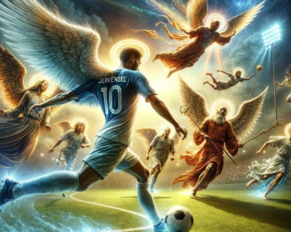 Celestial Soccer Match with Angels Under Starry Sky