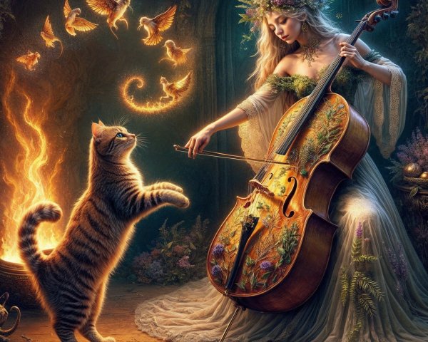 Woman in Woodland Playing Cello with Birds and Cat