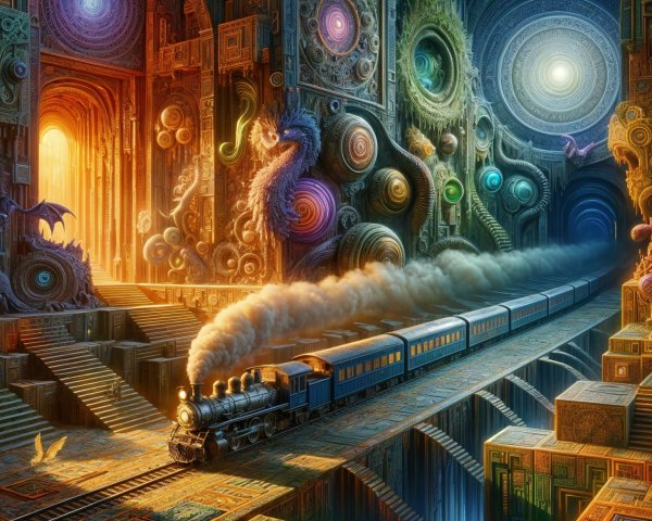 Vintage steam train in a surreal, vibrant landscape
