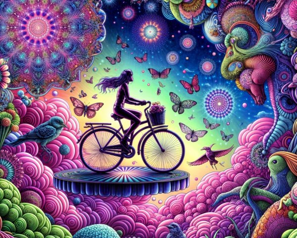 Surreal Landscape with Bicycle and Colorful Sky