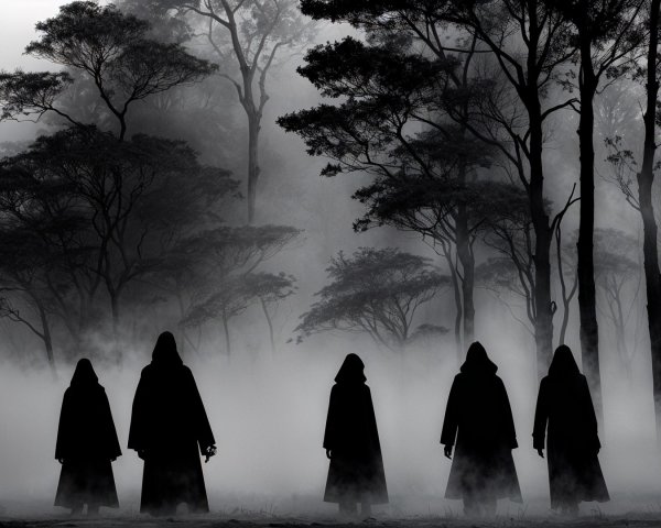 Cloaked Figures in a Misty Forest Scene