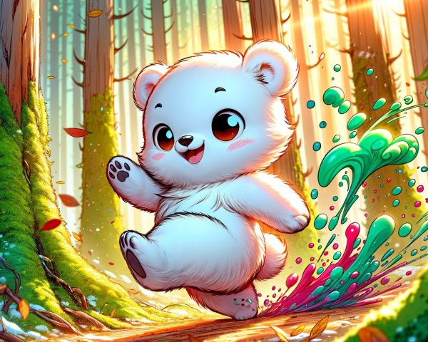 Fluffy Bear Cub in a Vibrant Forest Setting