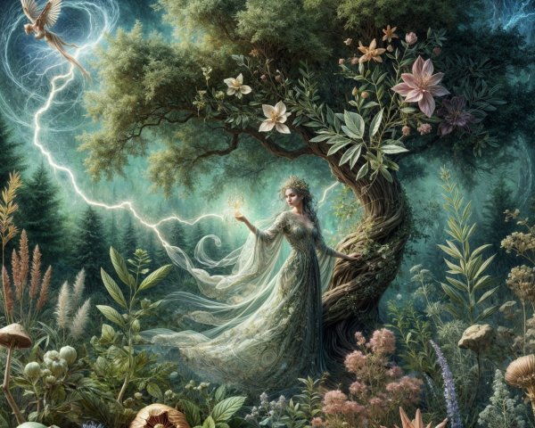 Enchanted forest scene with a graceful woman and nature