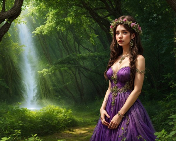 Young Woman in Purple Gown by Cascading Waterfall