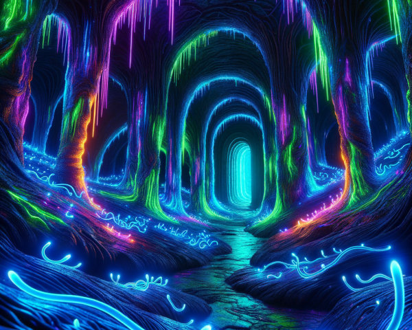 Surreal Neon Cave with Glowing Stalactites and Plants