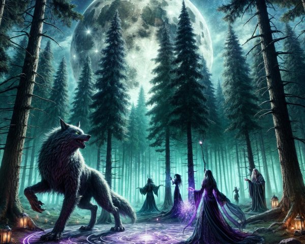 Mystical Forest with Wolf and Cloaked Figures Ritual