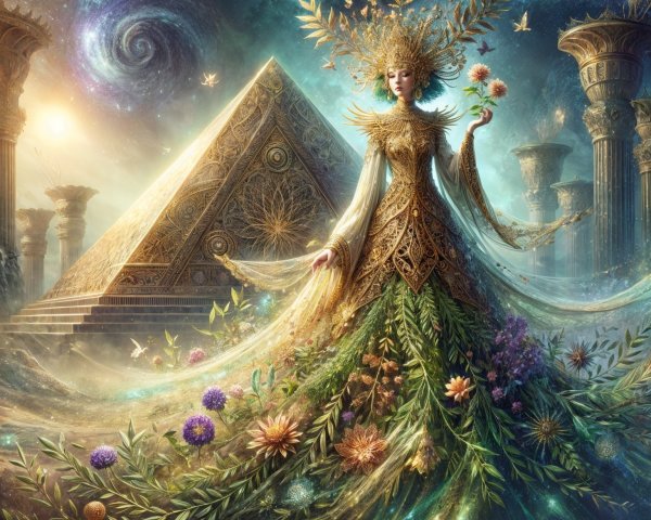 Majestic Figure in Golden Attire Amidst Galaxies and Flora