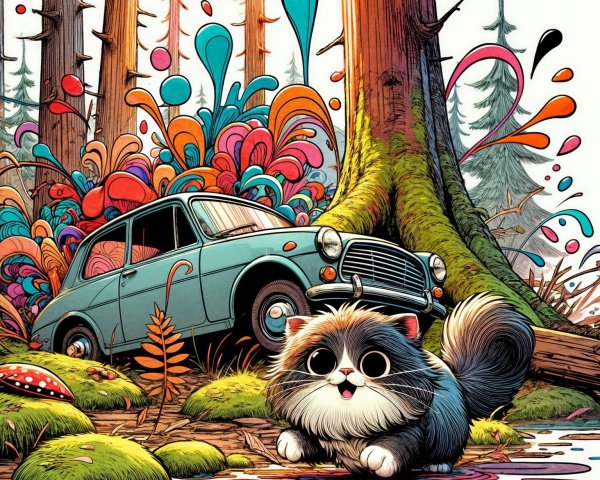 Whimsical Forest Scene with Colorful Car and Cat