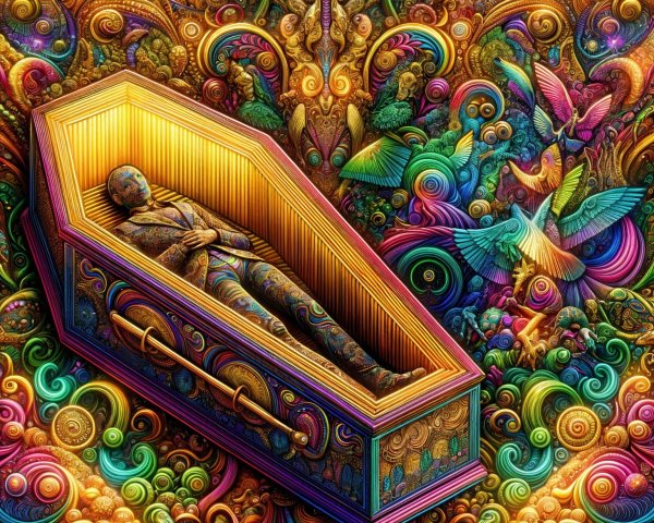 Golden Coffin Surrounded by Colorful Birds and Flowers