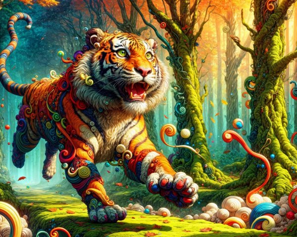 Vibrant Tiger in a Whimsical Forest Landscape