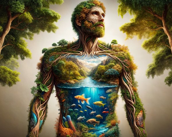 Stylized Human Figure Intertwined with Nature Elements