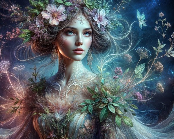 Mystical Woman with Flower Crown in Cosmic Setting