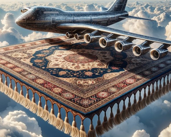 Airplane and Persian Rug in Surreal Sky Scene