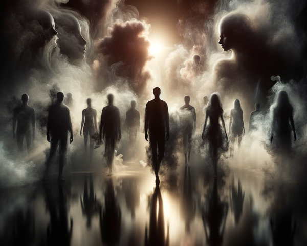 Ethereal Figures in Fog Create Mysterious Atmosphere