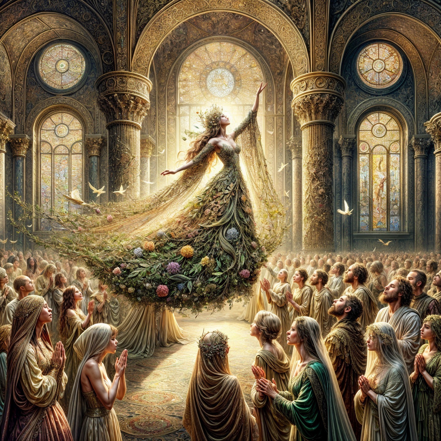 Majestic Figure in Ornate Hall with Captivated Audience