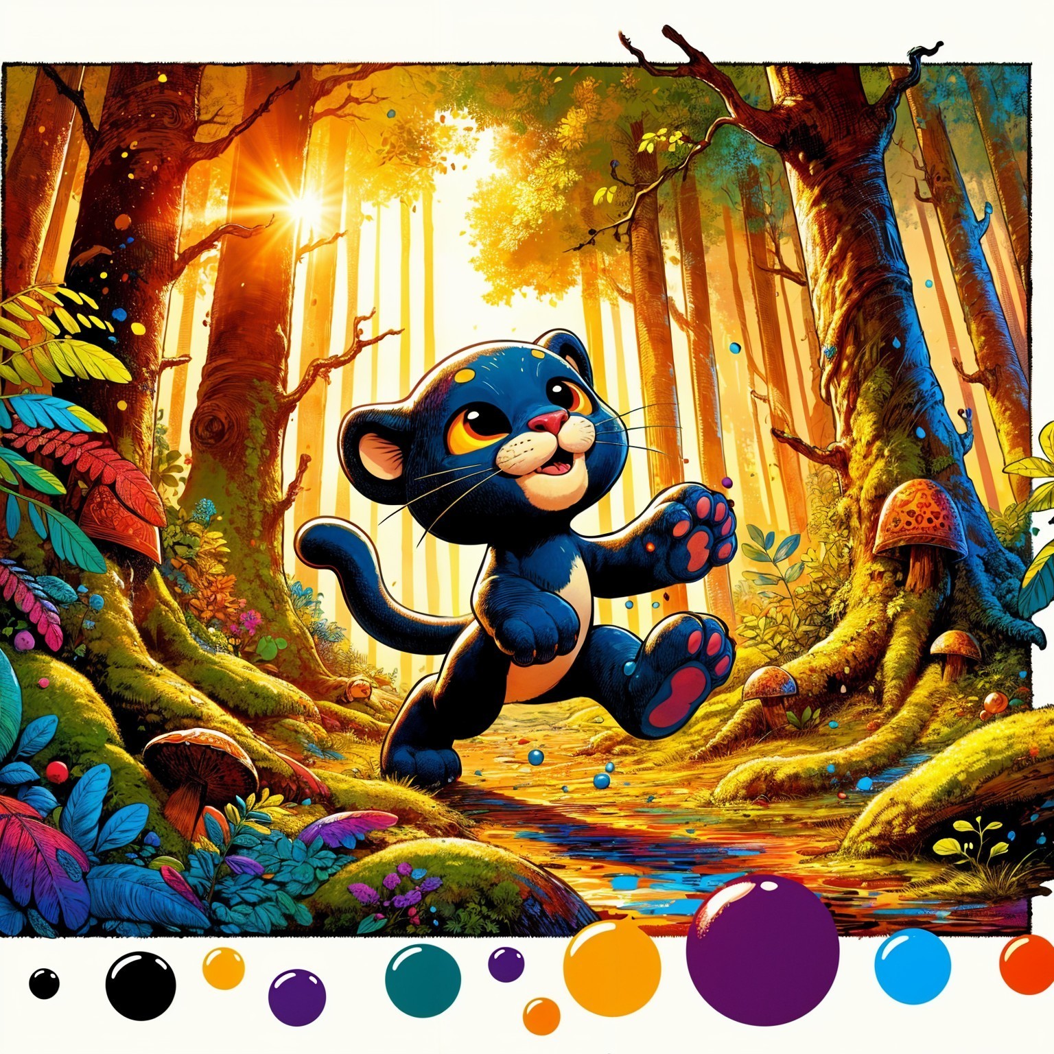 Black kitten in a vibrant forest with colorful foliage